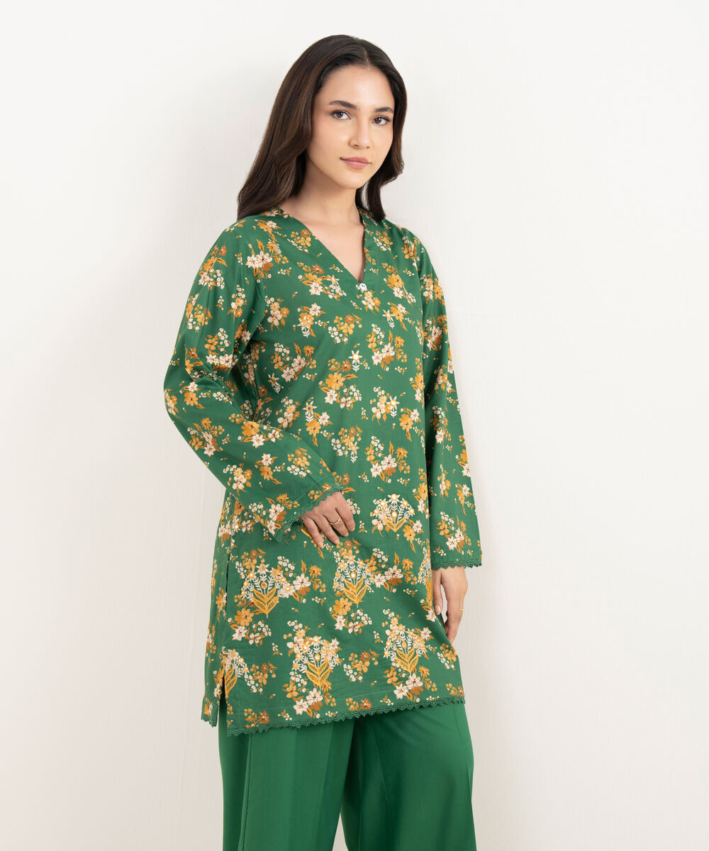 Women's RTW Cotton Viscose Embroidered Green Straight Shirt