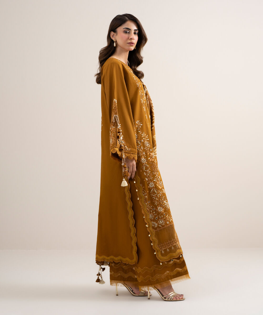 Women's Unstitched Textured Lawn Embroidered Brown 3 Piece Suit