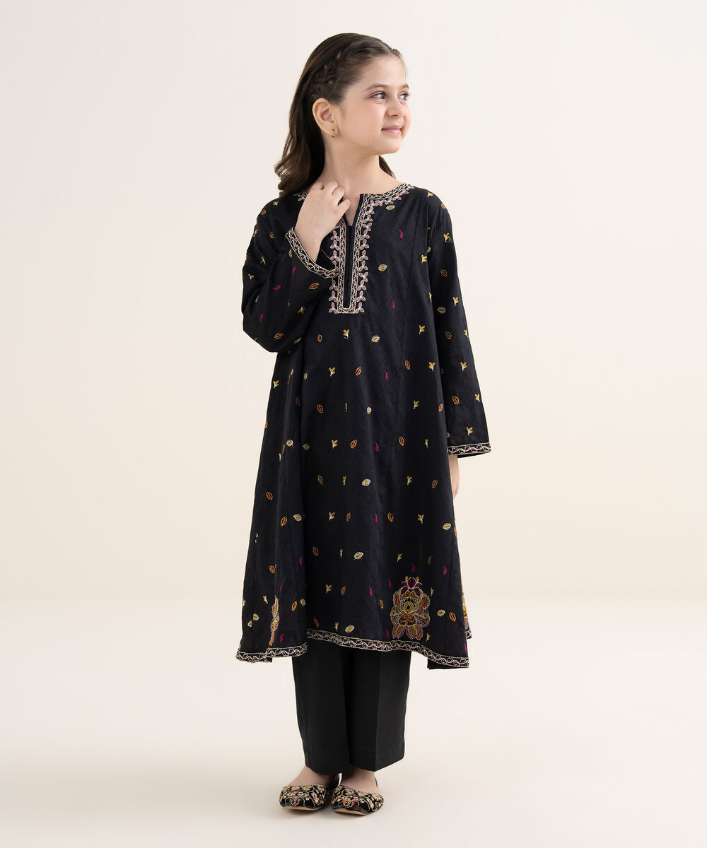 Girl's Self Jacquard Embroidered Black 2 Piece Suit