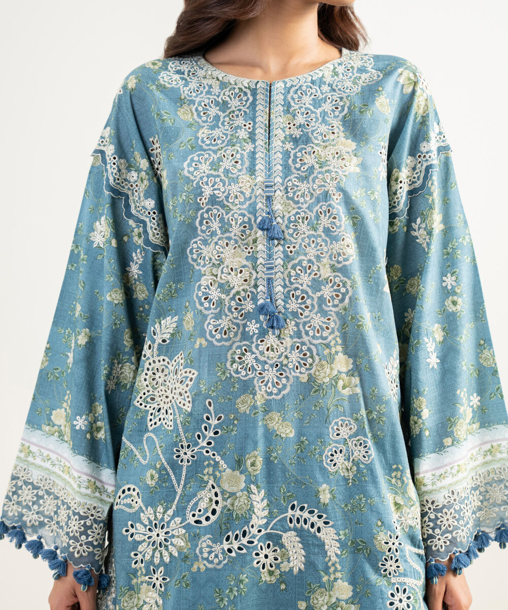 Women's Unstitched Fine Lawn Embroidered Blue 3 Piece Suit