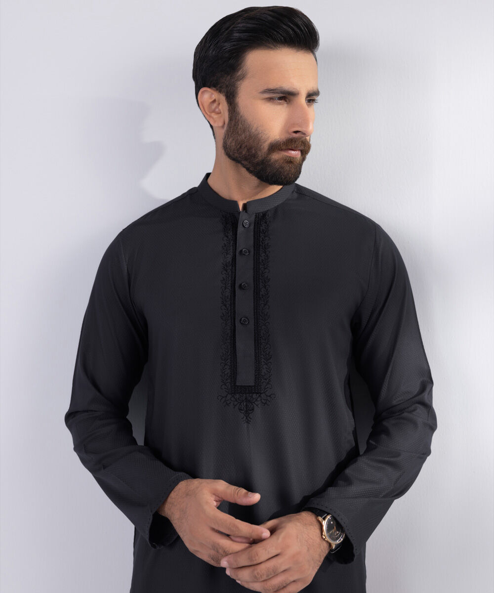 Men's Blended Stitched Embroidered Grey Kurta