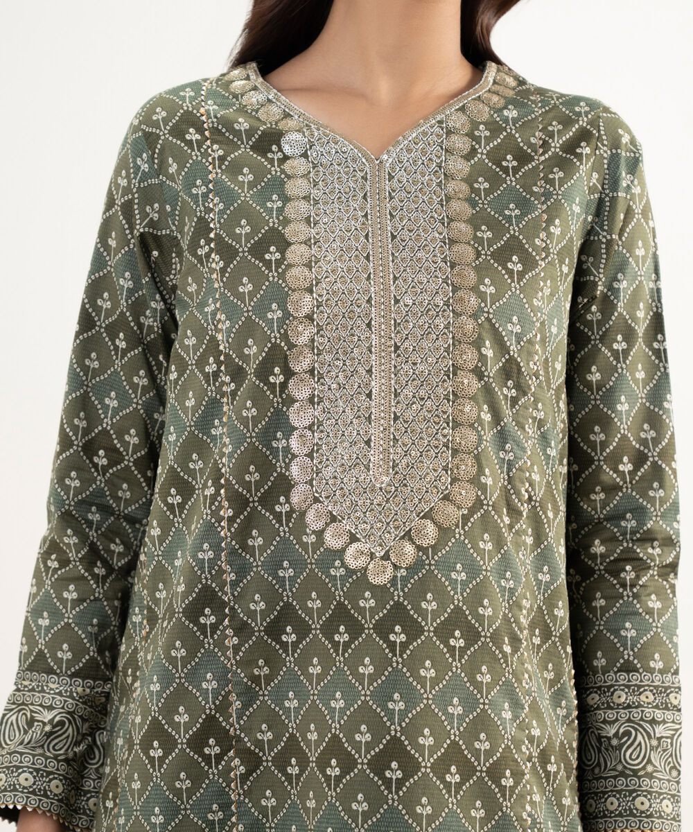 Women's Unstitched Lawn Green Embroidered 3 Piece Suit