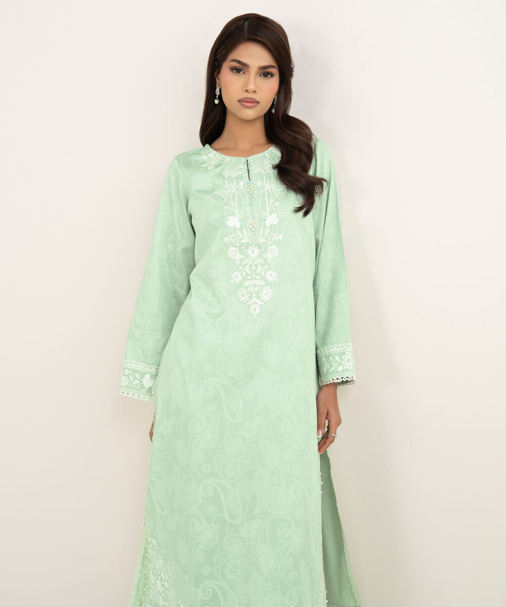 Women's RTW Lawn Embroidered Green A-Line Shirt