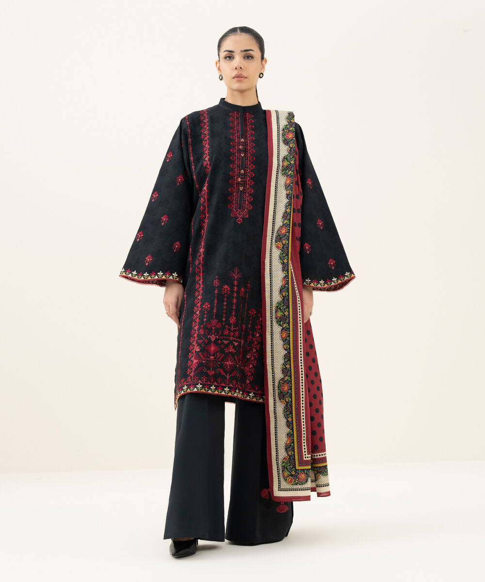 Women's Unstitched Embroidered Cotton Jacquard Black 3 Piece Suit