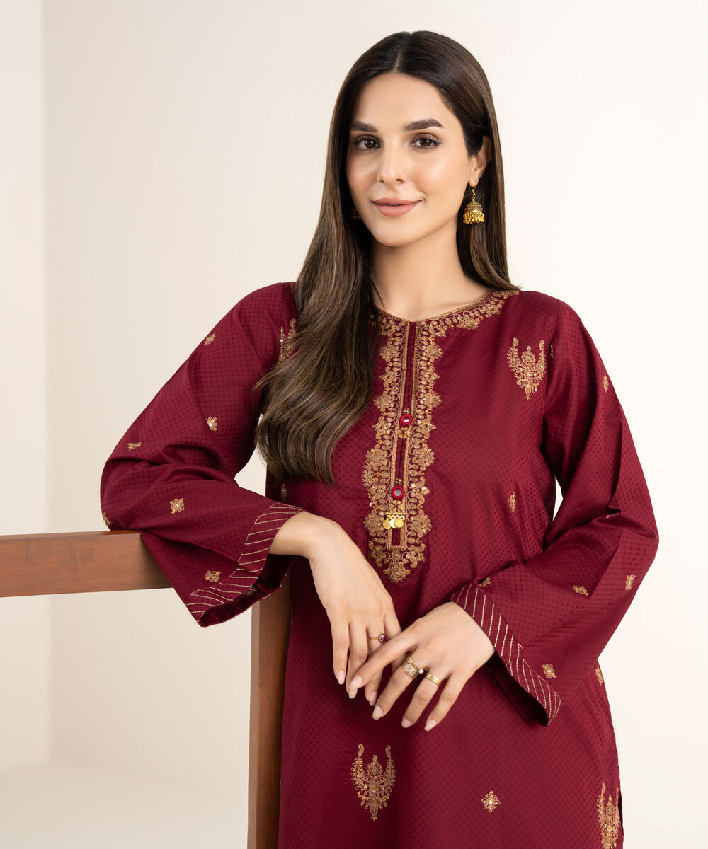Women's RTW Textured Cotton Maroon Embroidered Straight Shirt