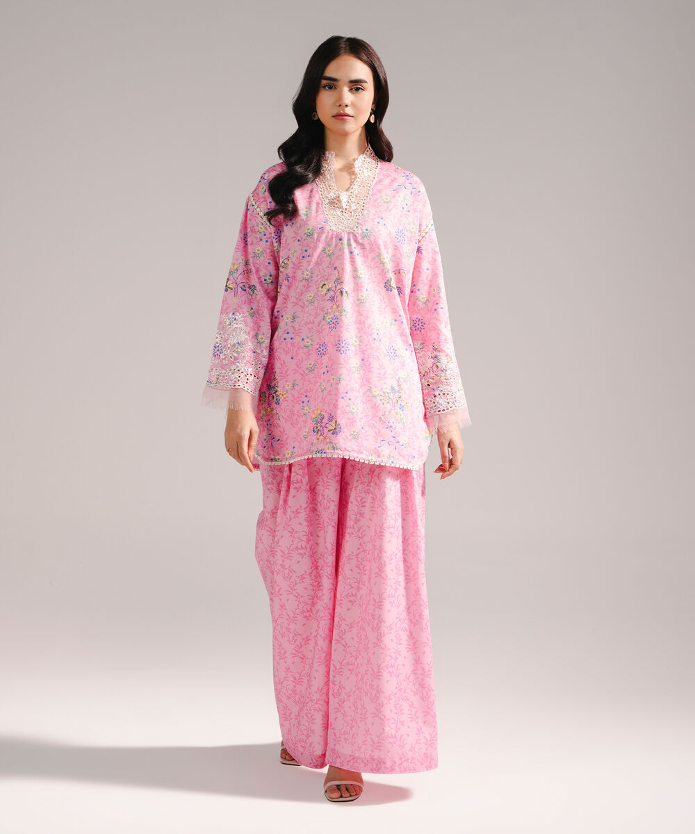 Women's RTW Lawn Embroidered Pink Straight Shirt