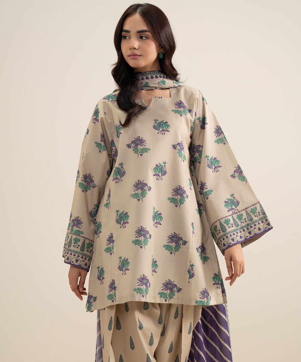 Women's Unstitched Lawn Printed Beige 3 Piece Suit
