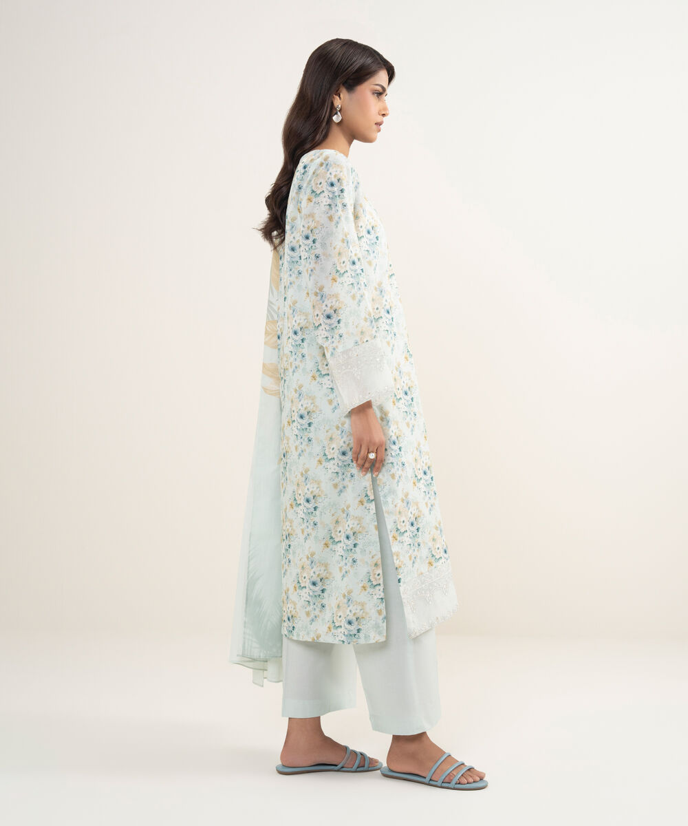 Women's Unstitched Lawn Embroidered Aqua  2 Piece Suit