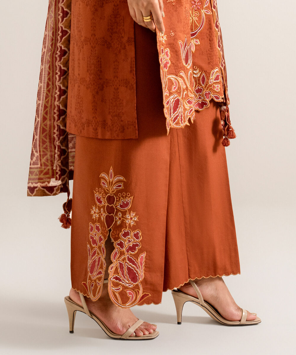 Women's Unstitched Embroidered Cotton Jacquard Rust 3 Piece Suit
