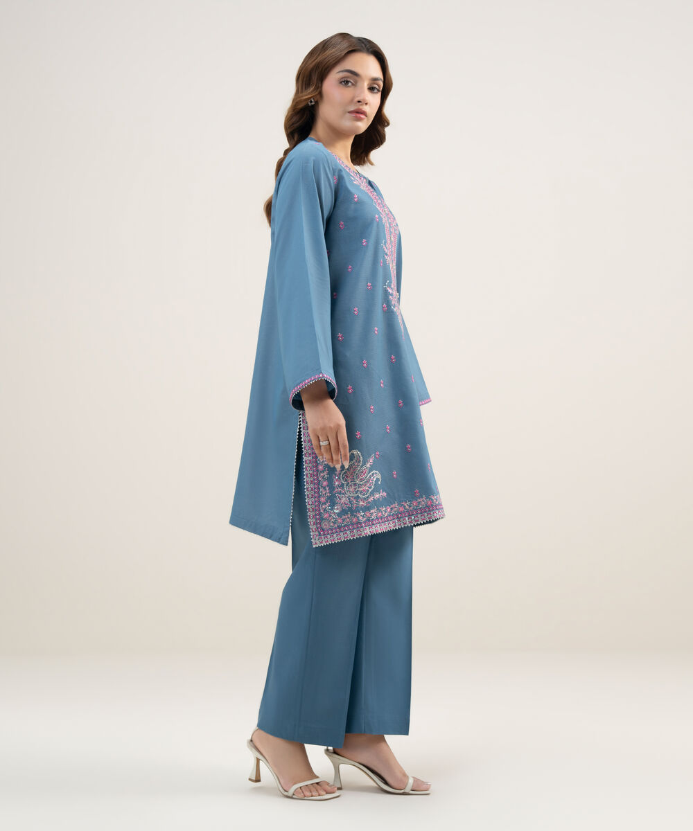 Women's RTW Zari Lawn Embroidered Blue Straight Shirt