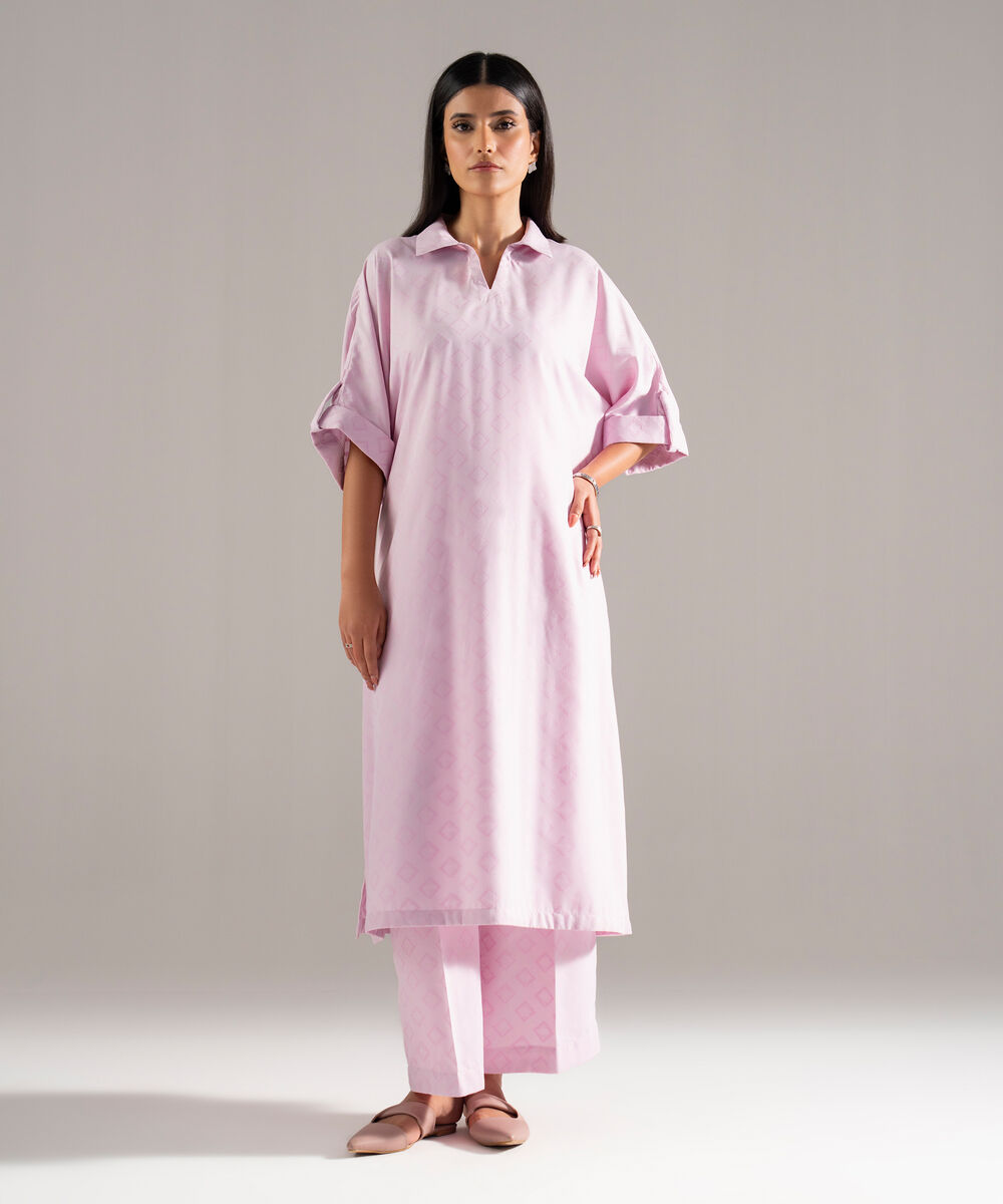 Women's RTW Poly Viscose Jacquard Solid Pink Drop Shoulder Shirt
