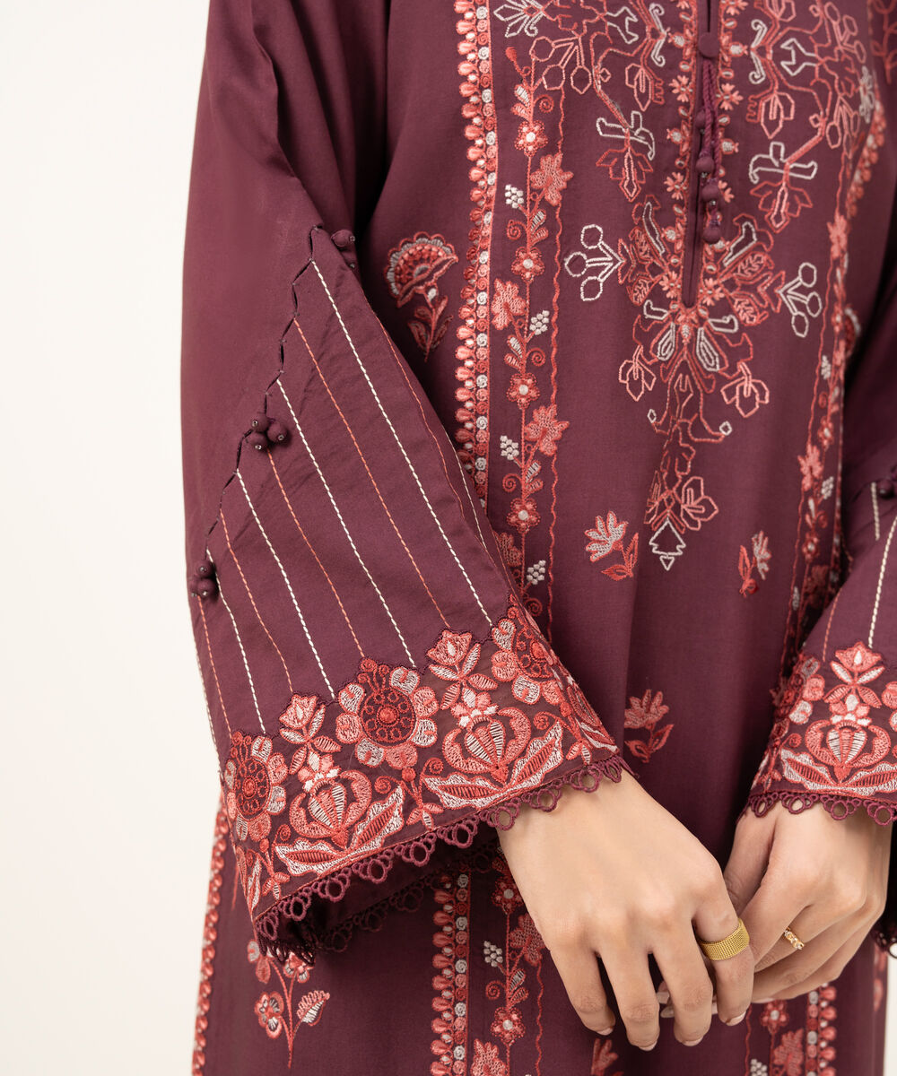 Women's Unstitched Embroidered Linen Maroon 3 Piece Suit