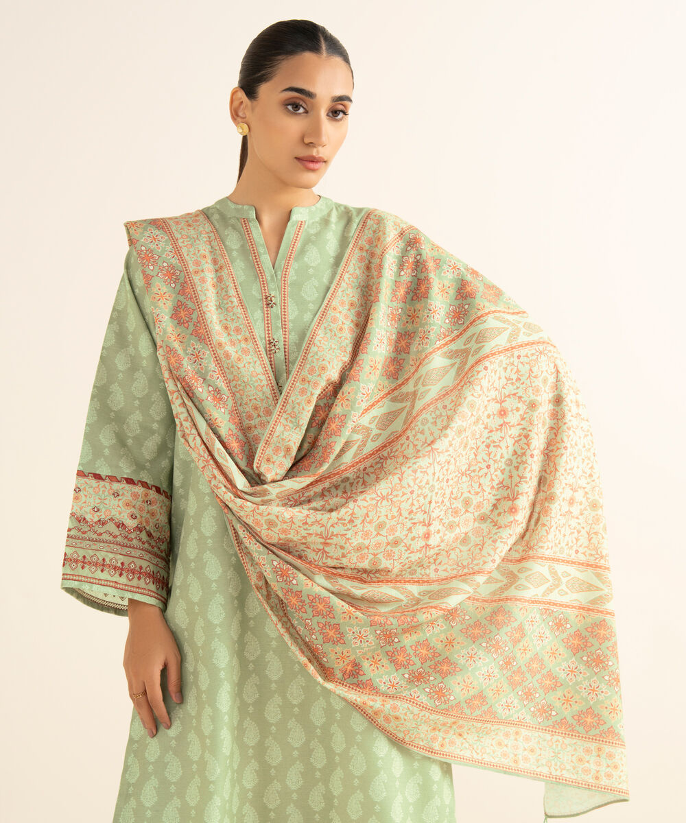 Women's Unstitched Cotton Embroidered Green 2 Piece Suit