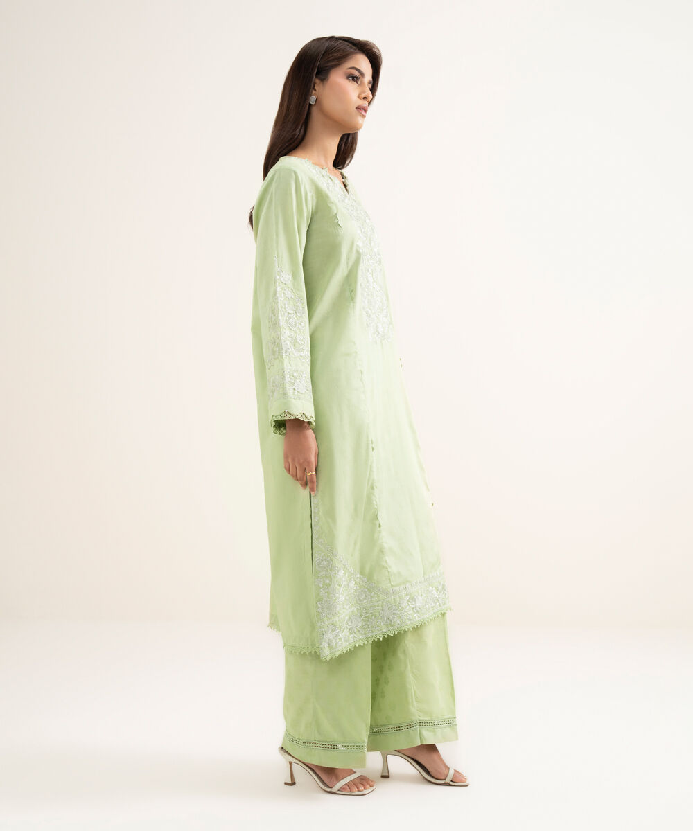 Women's RTW Self Jacquard Embroidered Green A-Line Shirt