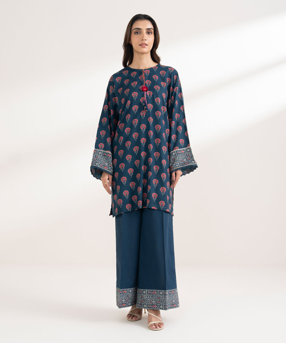 Women's RTW Viscose Linen Printed Boxy Blue Shirt