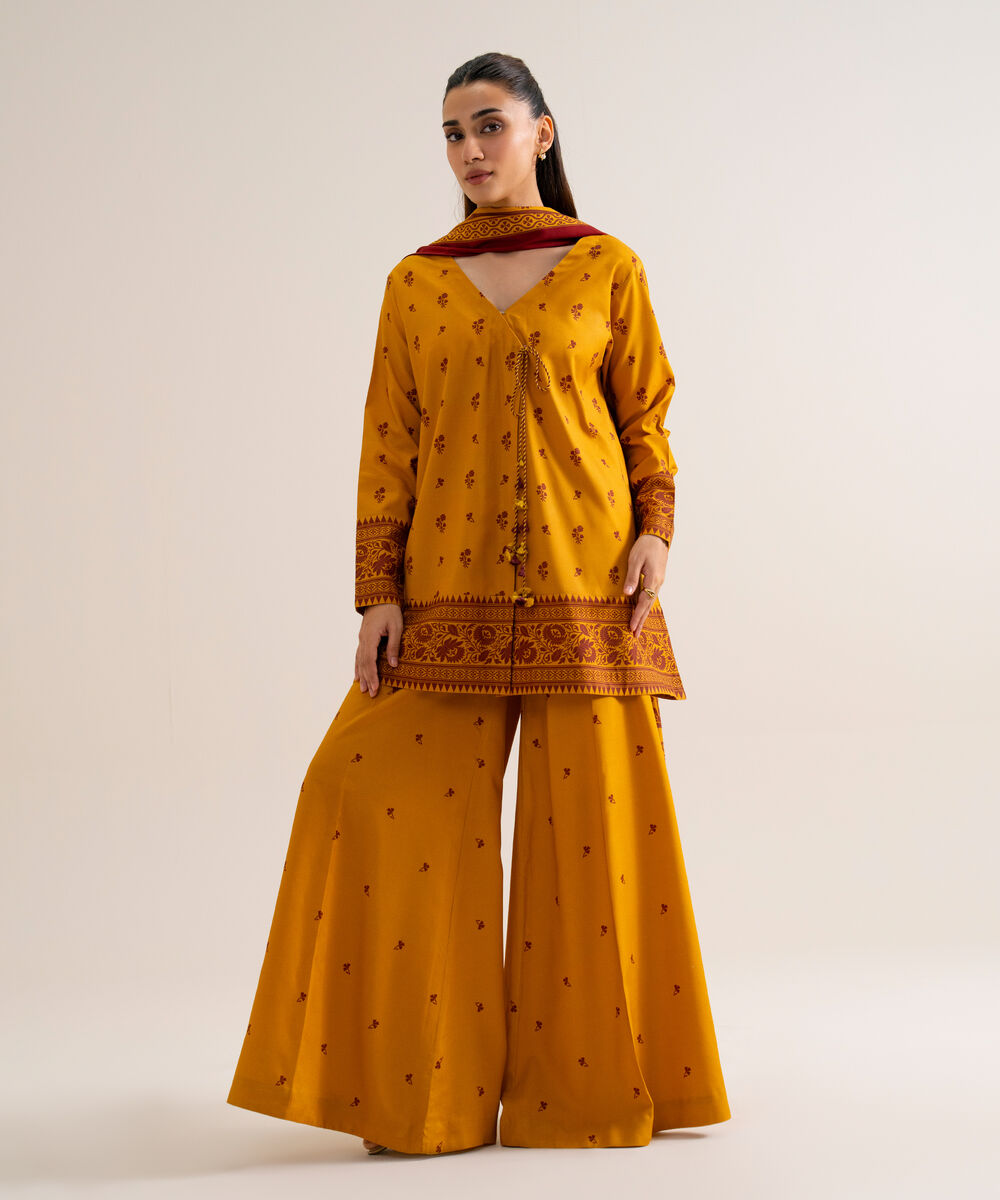 Women's Unstitched Viscose Linen Printed Yellow 3 Piece Suit