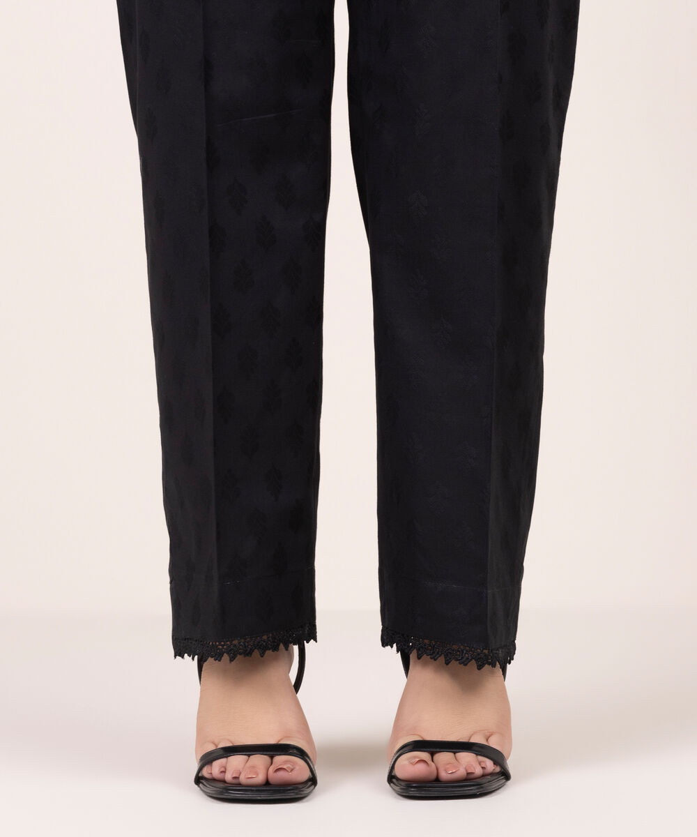 Women's RTW Self Jacquard Solid Black Straight Pants