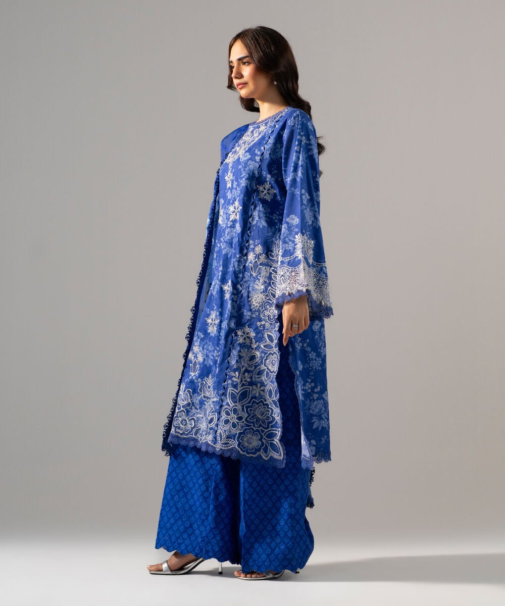 Women's RTW Self Jacquard Printed Embroidered Blue 3 Piece Suit