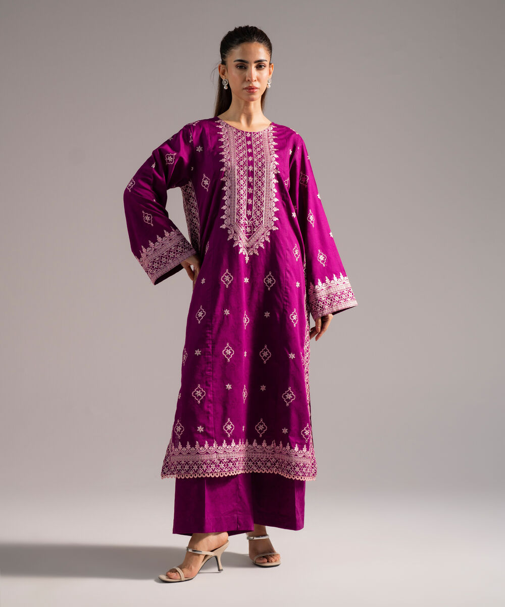 Women's RTW Self Jacquard Embroidered Purple 2 Piece Suit