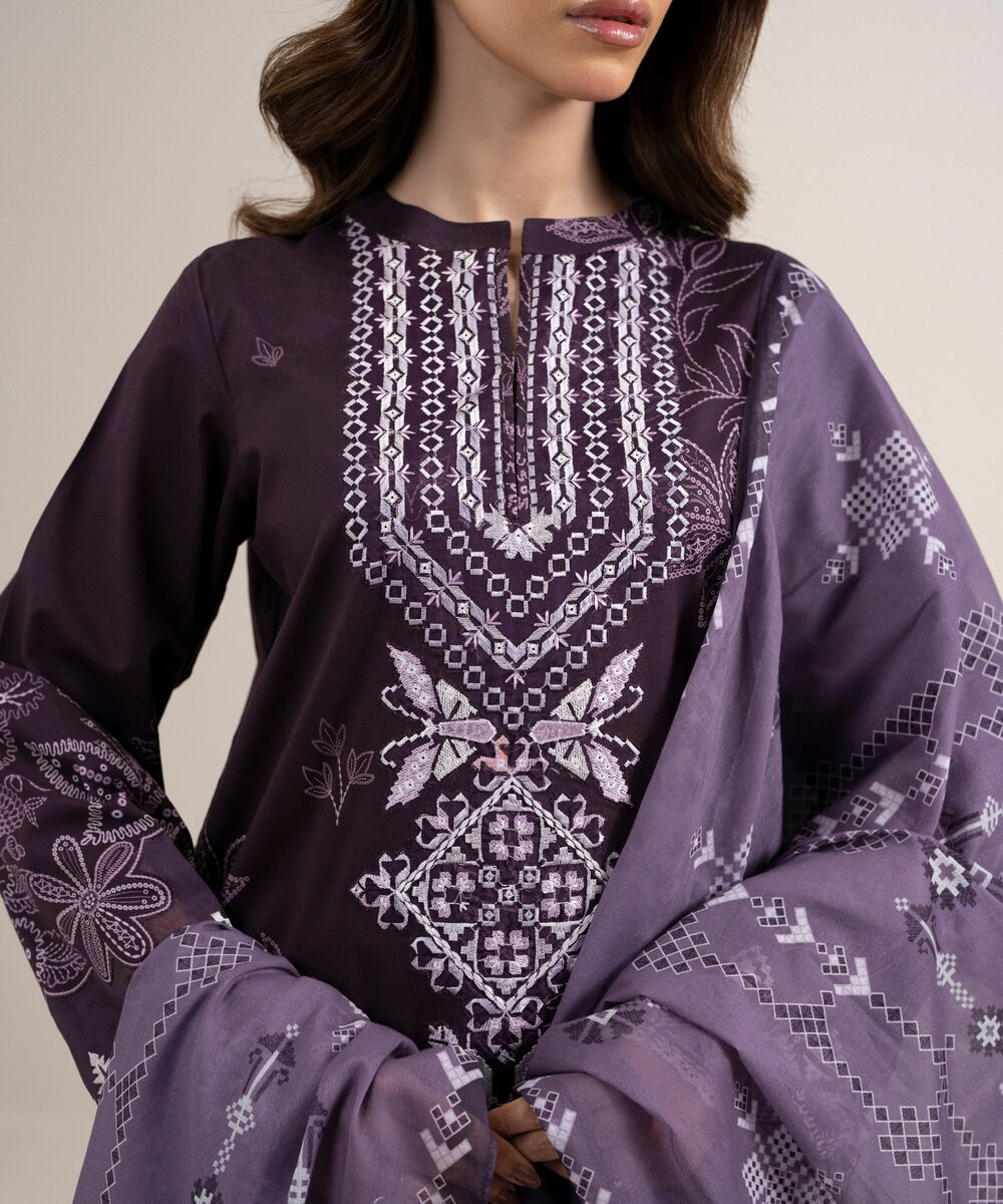 Women's Unstitched Lawn Embroidered Purple 3 Piece Suit