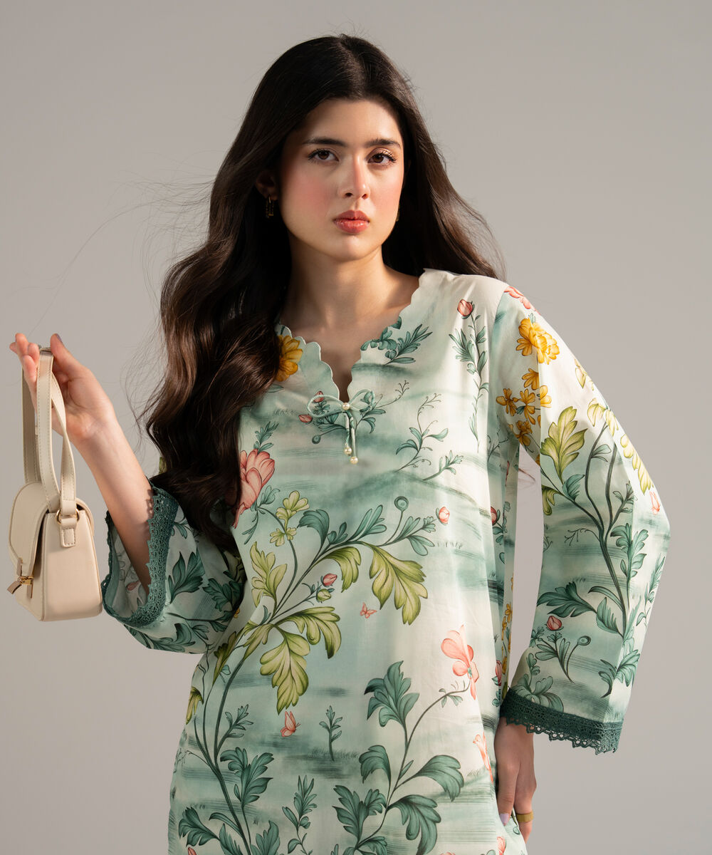 Women's RTW Lawn Printed Green 2 Piece Suit