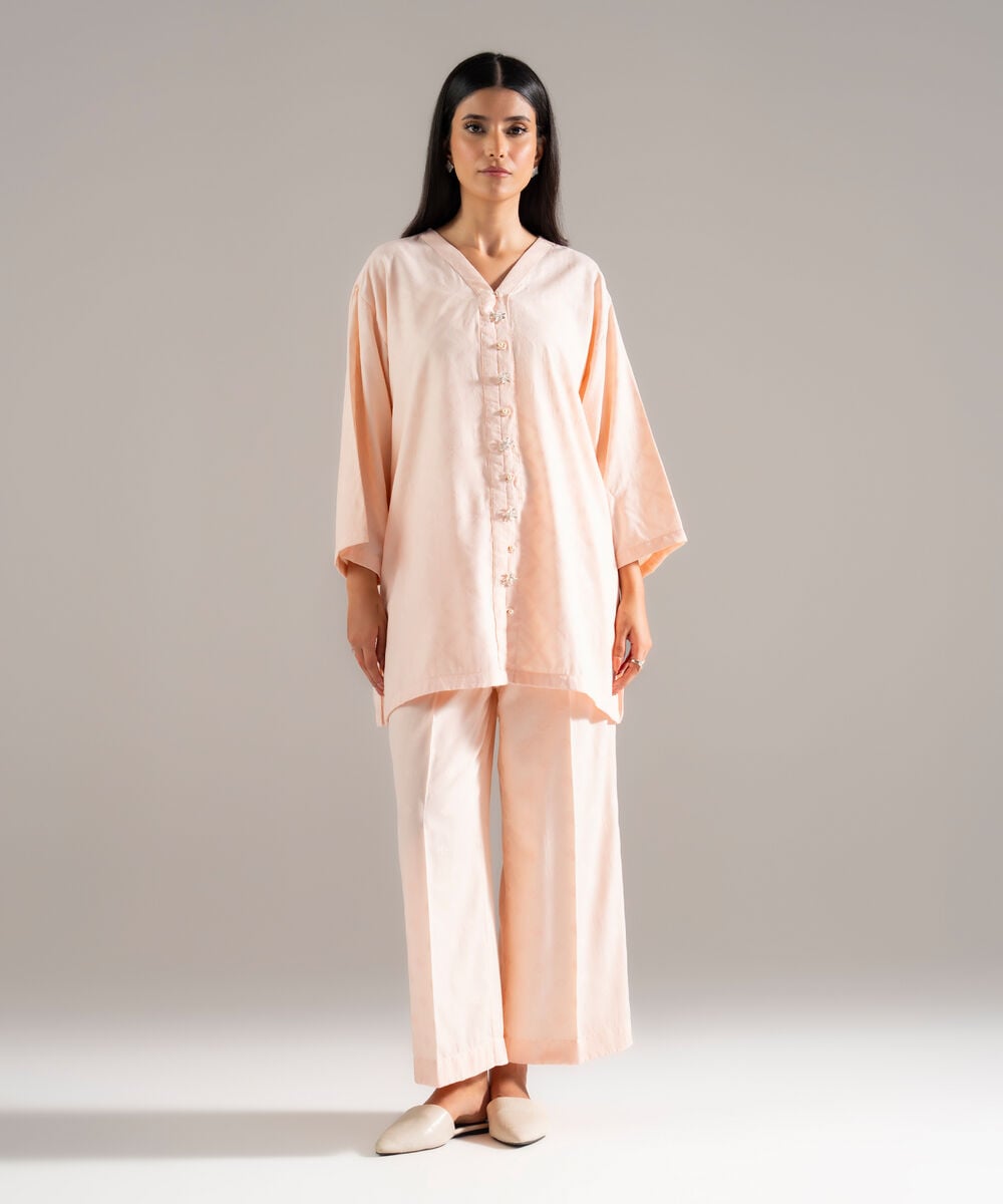 Women's RTW Poly Viscose Jacquard Solid Pink Drop Shoulder Shirt