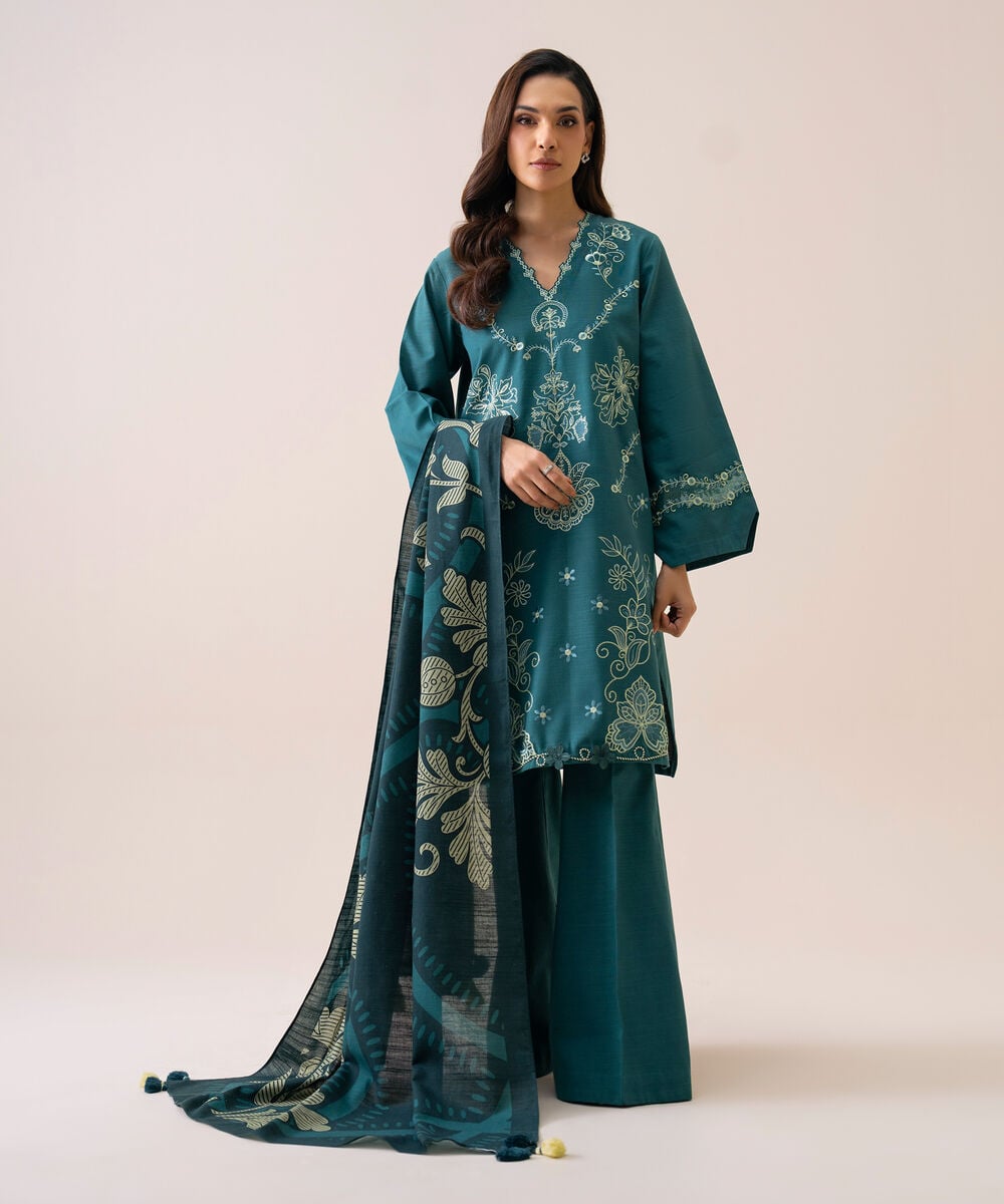 Women's Unstitched Light Khaddar Embroidered Teal 3 Piece Suit