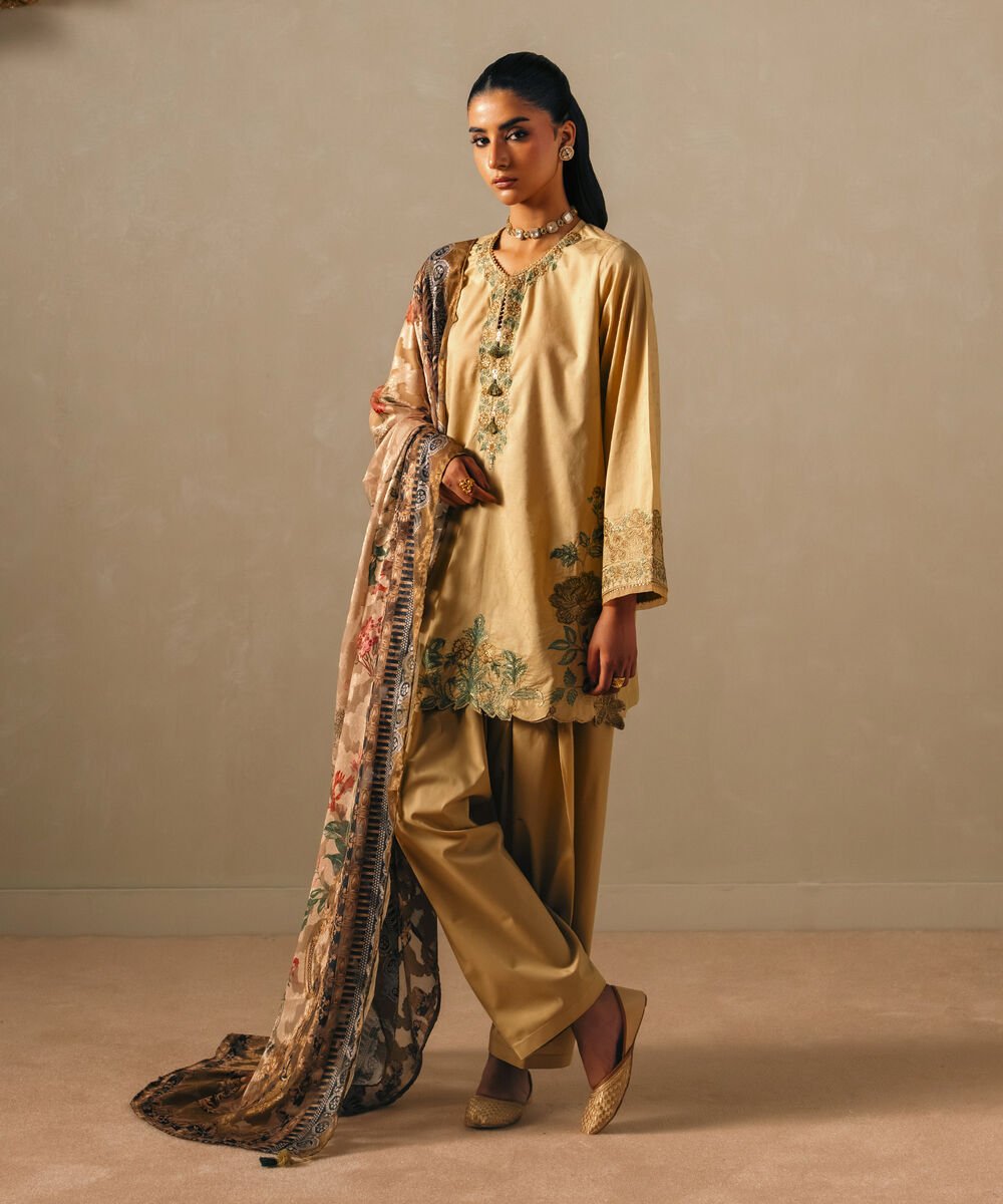 Women's RTW Self Jacquard Embroidered Beige Straight Shirt