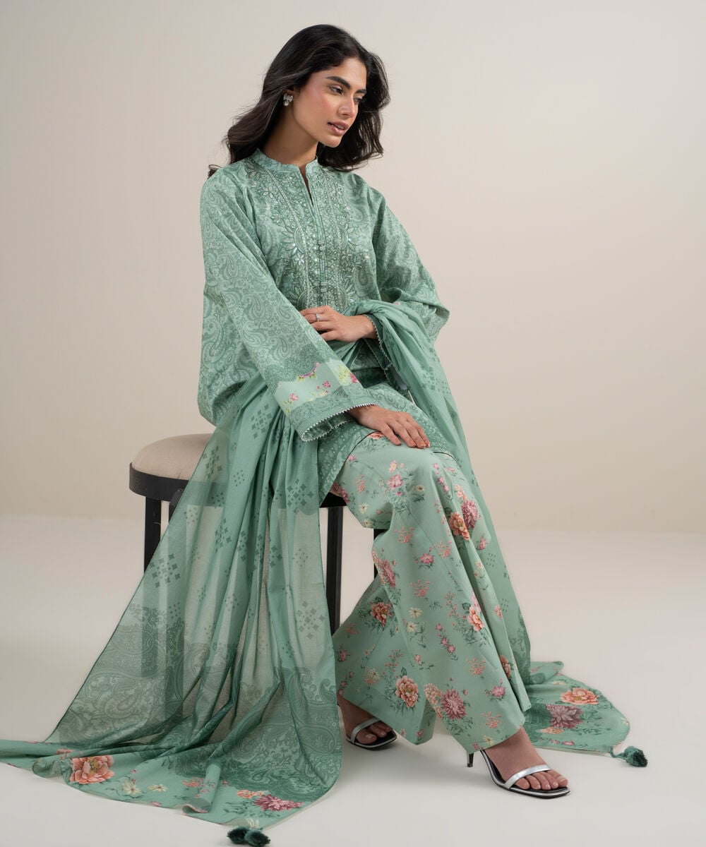 Women's Unstitched Lawn Embroidered Aqua Green 3 Piece Suit