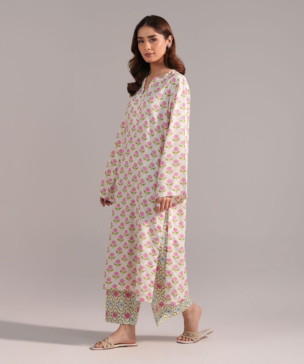 Women's RTW Arabic Lawn Printed White Straight Shirt