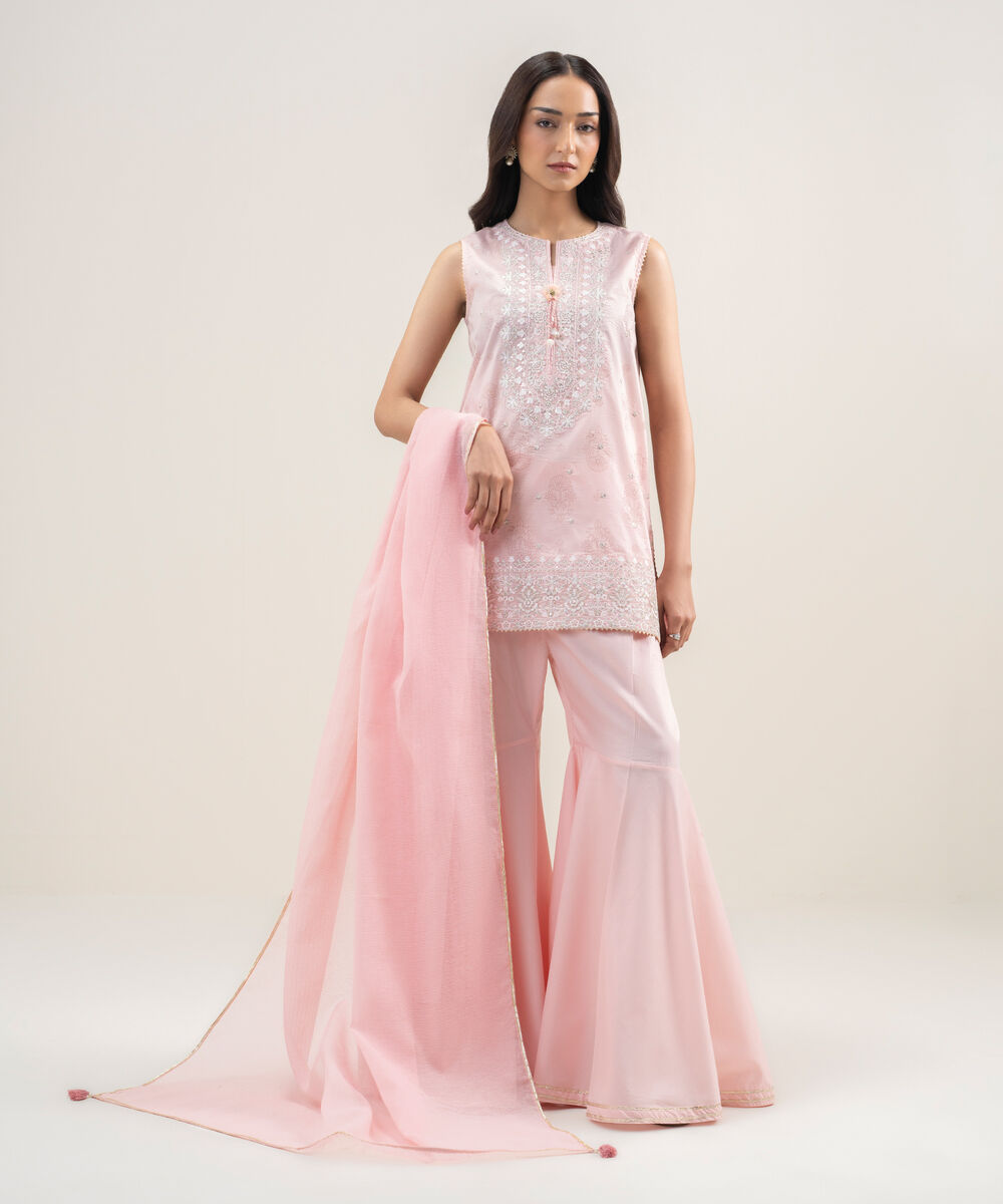 Women's RTW Lawn Embroidered Baby Pink 3 Piece Suit