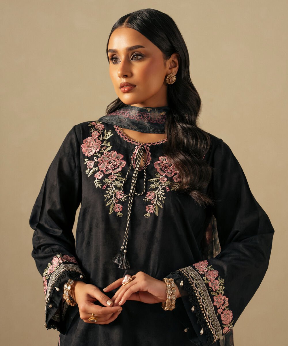 Women's RTW Self Jacquard Embroidered Black Straight Shirt