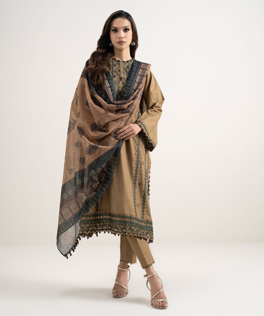 Women's Unstitched Lawn Embroidered Brown 3 Piece Suit