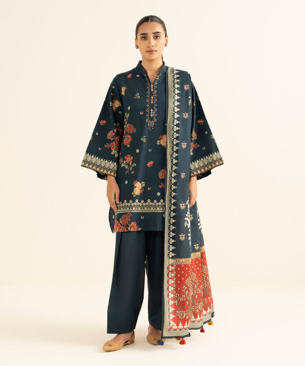Women's Unstitched Light Khaddar Printed Blue 3 Piece Suit
