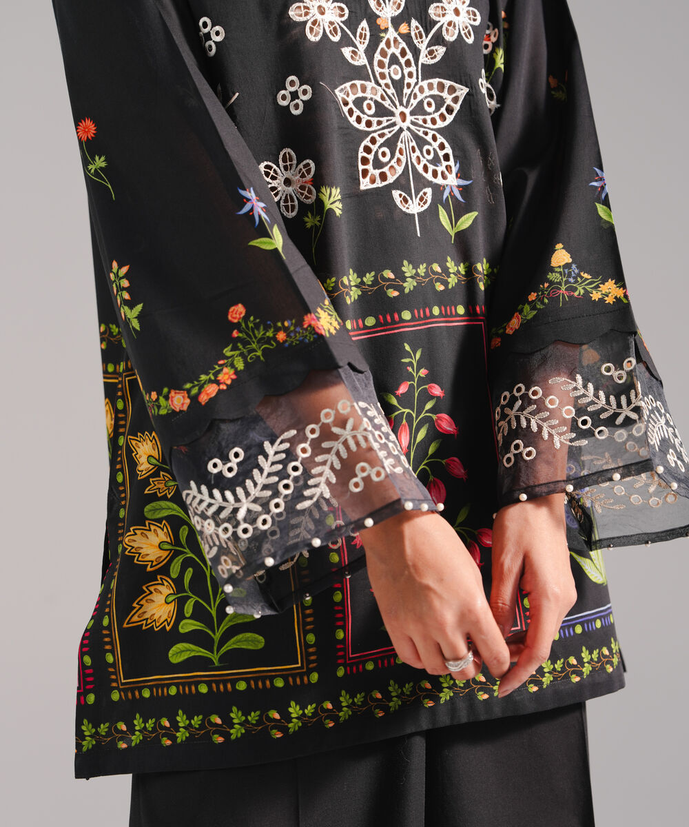 Women's RTW Lawn Embroidered Black Straight Shirt