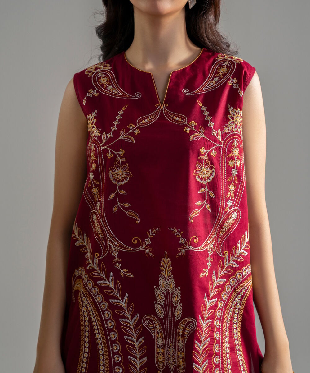 Women's RTW Lawn Solid Embroidered Maroon Straight Shirt