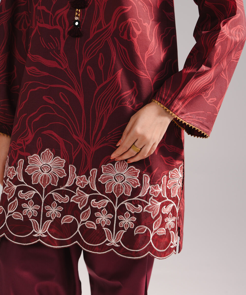 Women's RTW Slub Lawn Embroidered Deep Maroon 2 Piece Suit