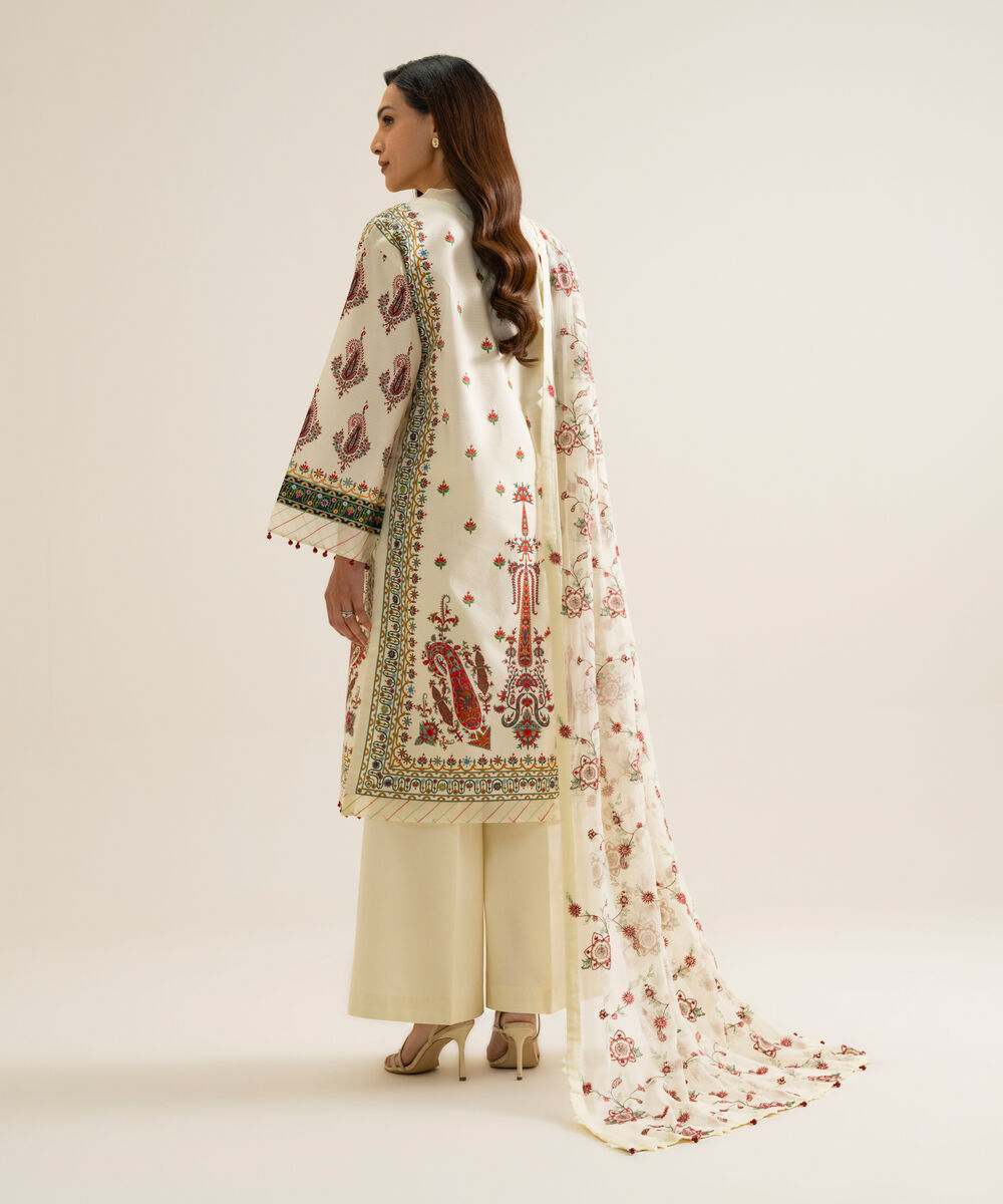 Women's Unstitched Blended Chiffon Printed Ivory 3 Piece Suit