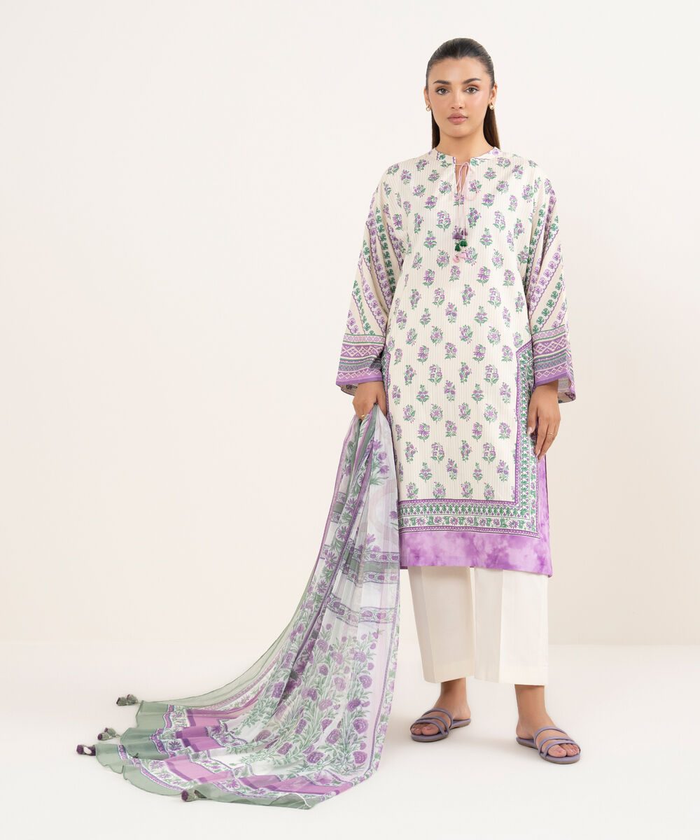 Women's Unstitched Cotton Printed Multi Three Piece Suit