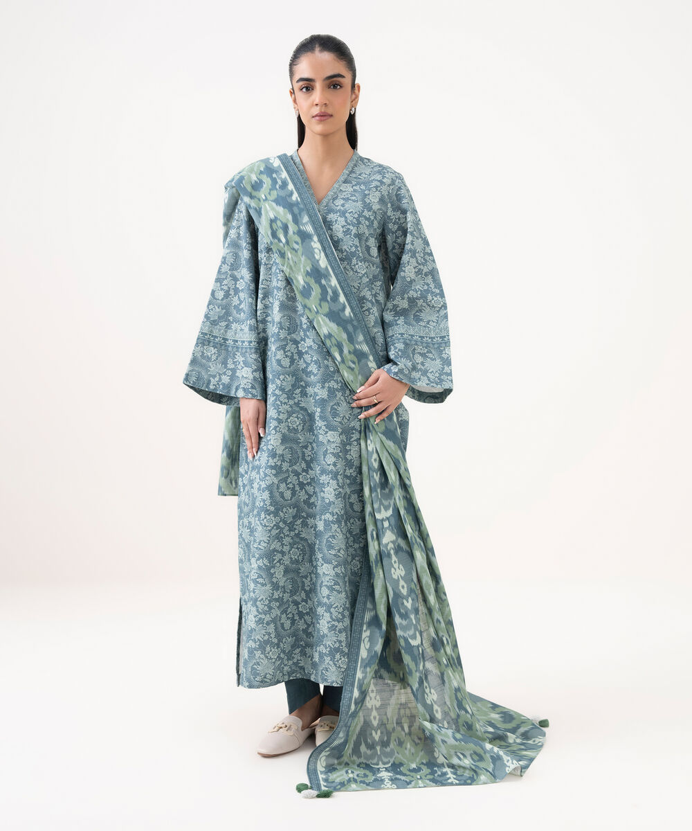 Women's Unstitched Cotton Printed Grey 3 Piece Suit