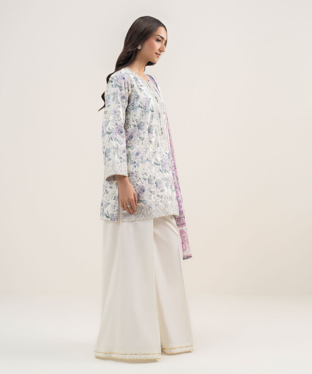 Women's RTW Zari Lawn Embroidered Off White 3 Piece Suit