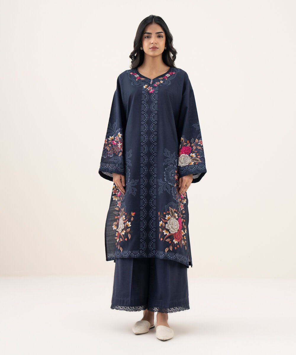 Women's RTW Khaddar Printed A-Line Blue Shirt