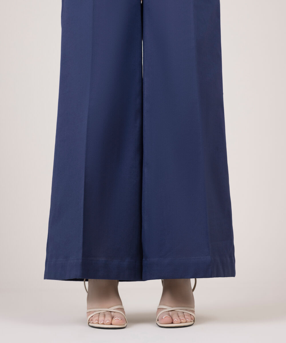 Women's RTW Cotton Linen Blue Solid Flared Pants