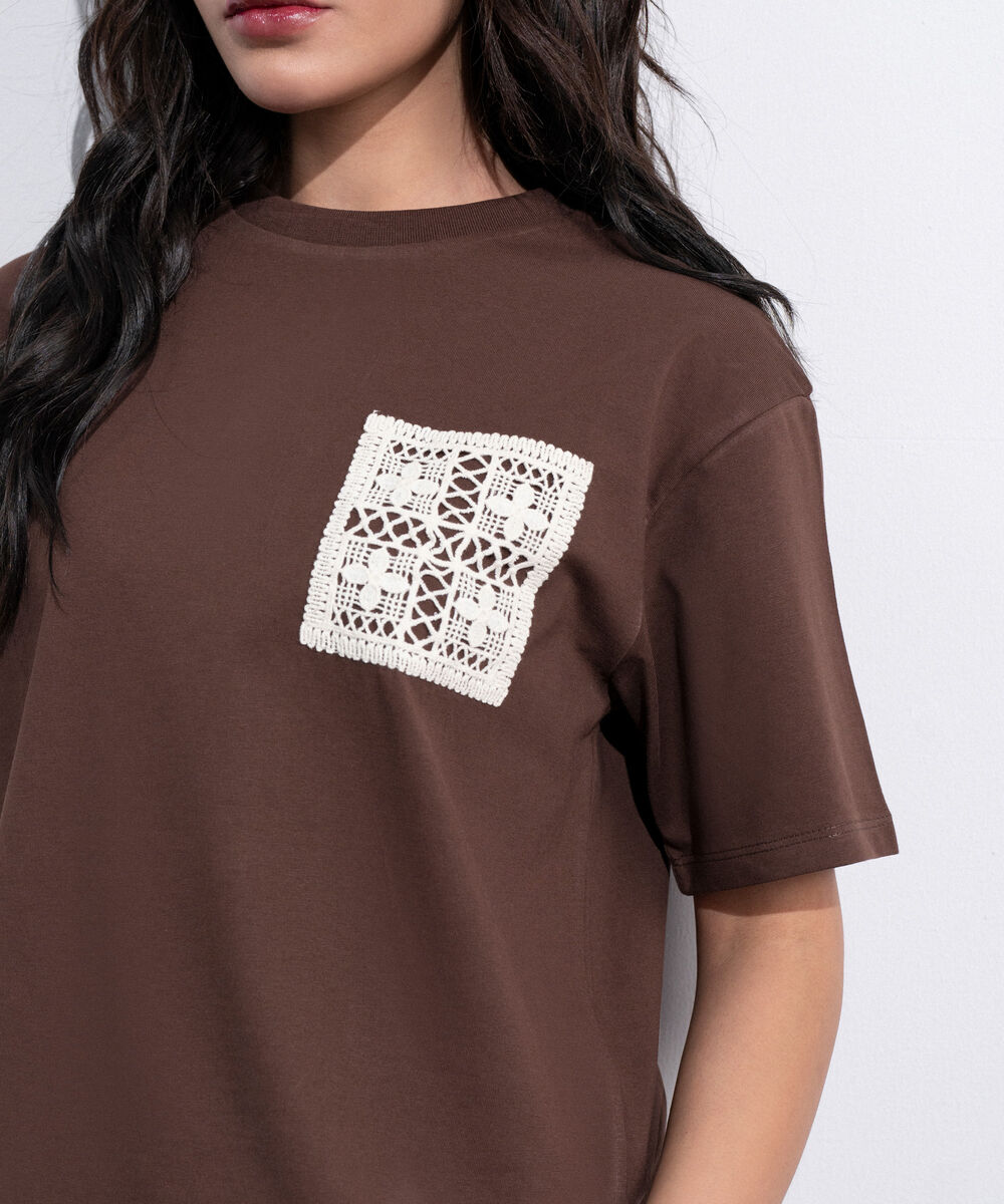 Women's Western Brown T-Shirt With Crochet Patch