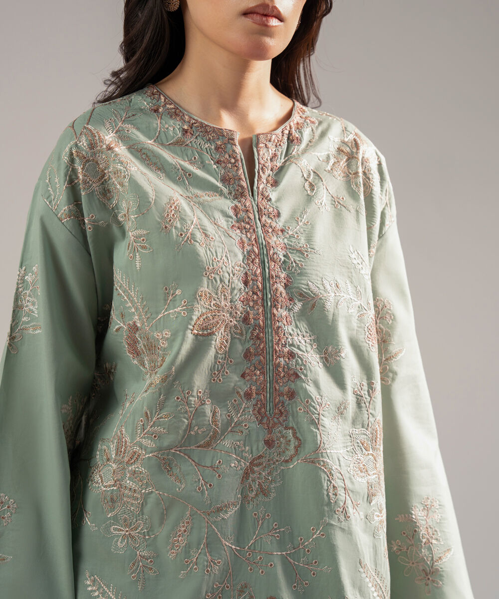Women's RTW Cambric Embroidered Green 3 Piece Suit