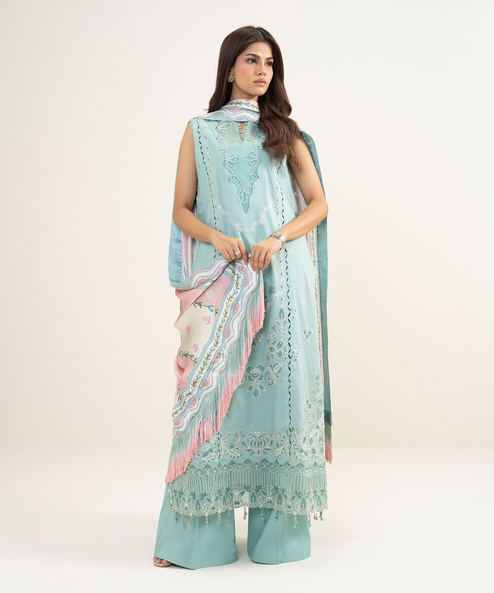 Women's Unstitched Textured Lawn Embroidered Blue 3 Piece Suit