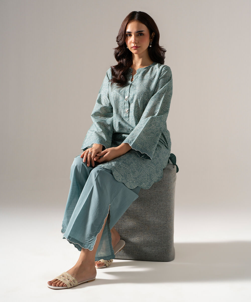 Women's RTW Cross Hatch Printed Cadet Blue Straight Shirt
