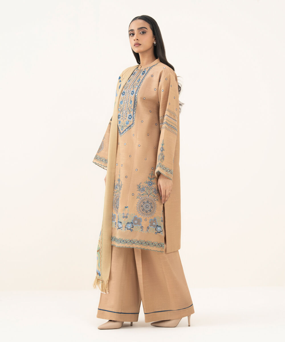 Women's Unstitched Embroidered Khaddar Beige 3 Piece Suit