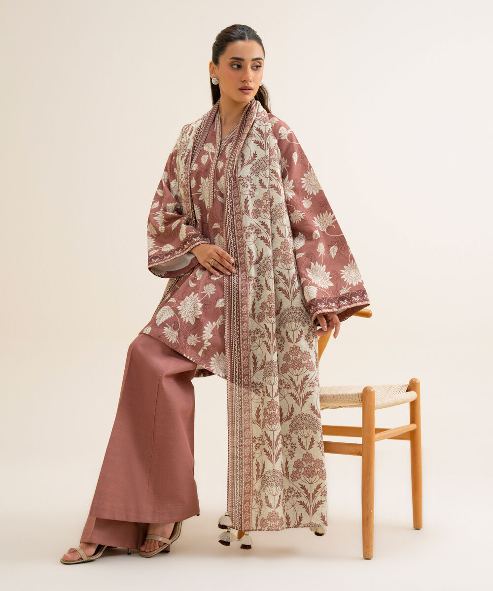 Women's Unstitched Lawn Printed Brown 3 Piece Suit