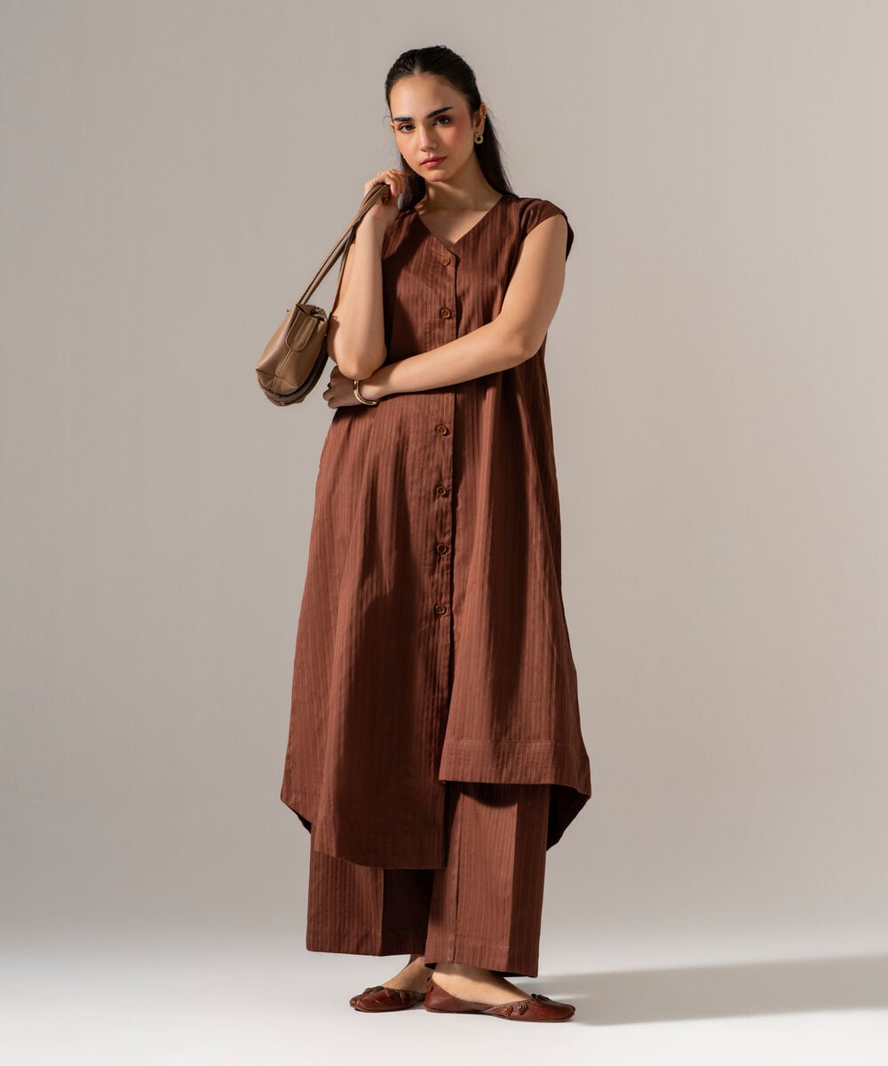 Women's RTW Dobby Strip Solid Brown 2 Piece Suit